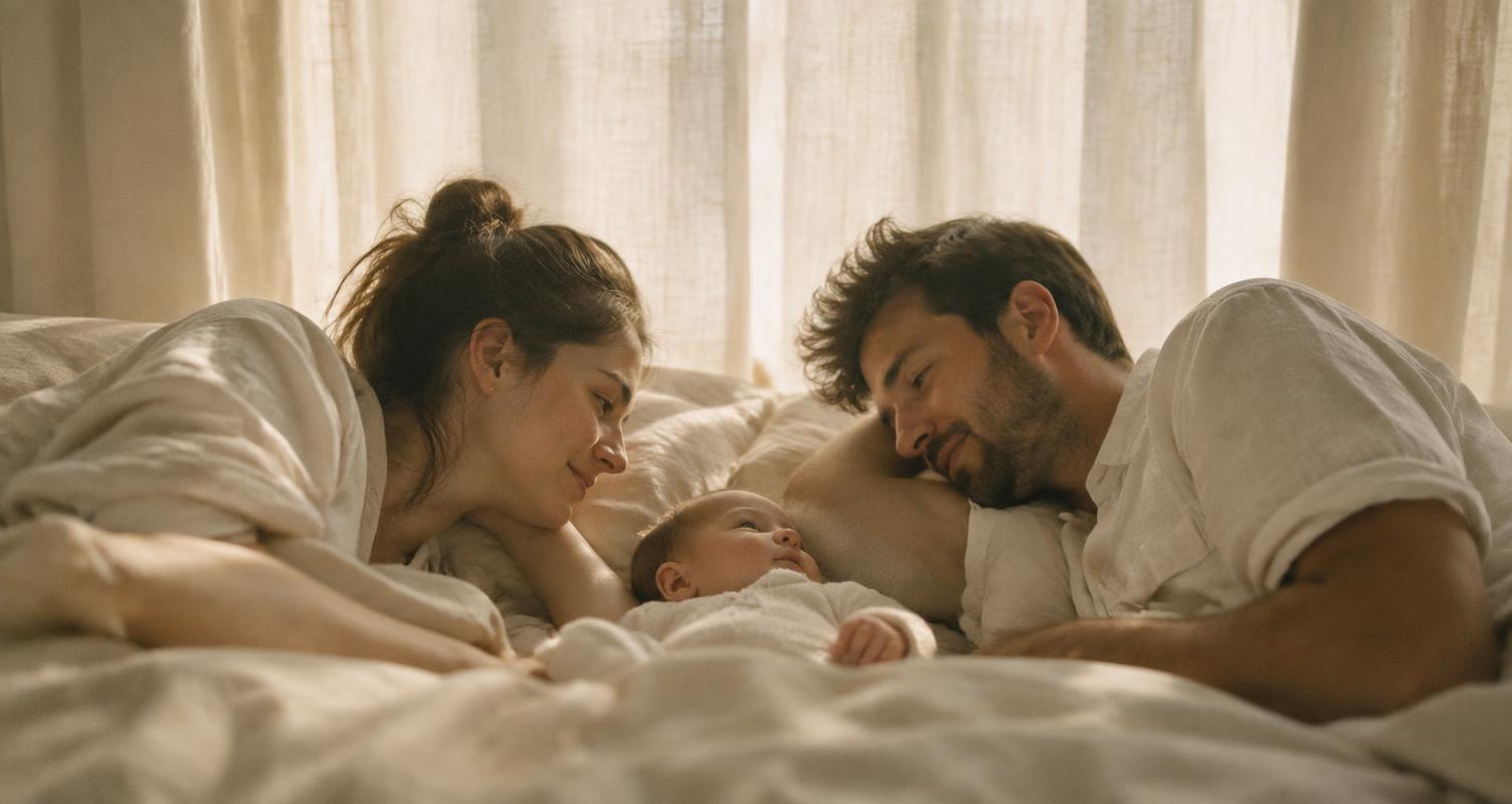 Famiglia distesa con il neonato